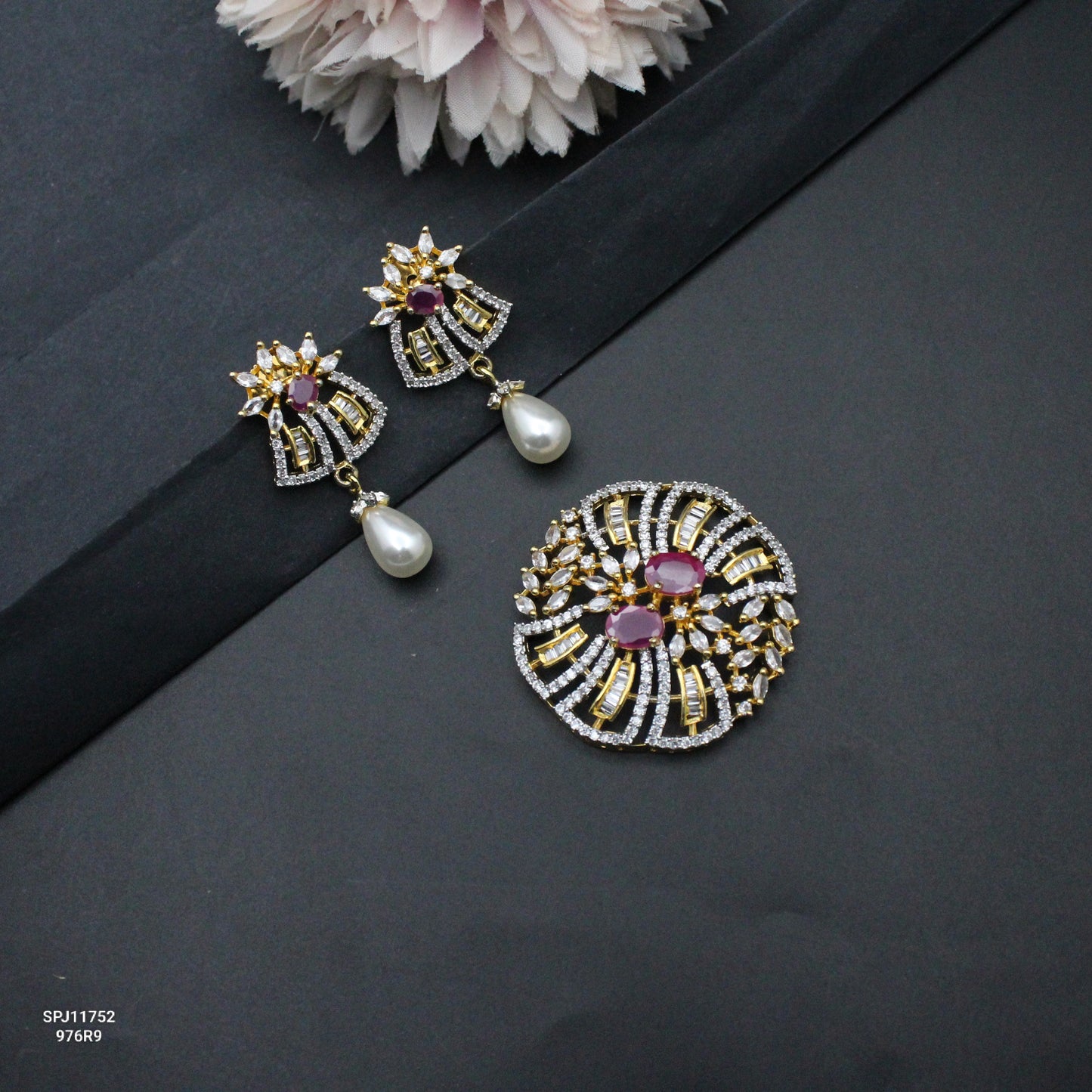 11752 GJ Double Stone Round Pink and Pendant Set