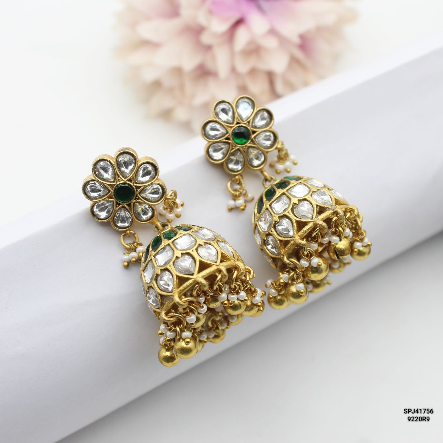 41756 Jadau Moissanite With Golden Ball Jhumki