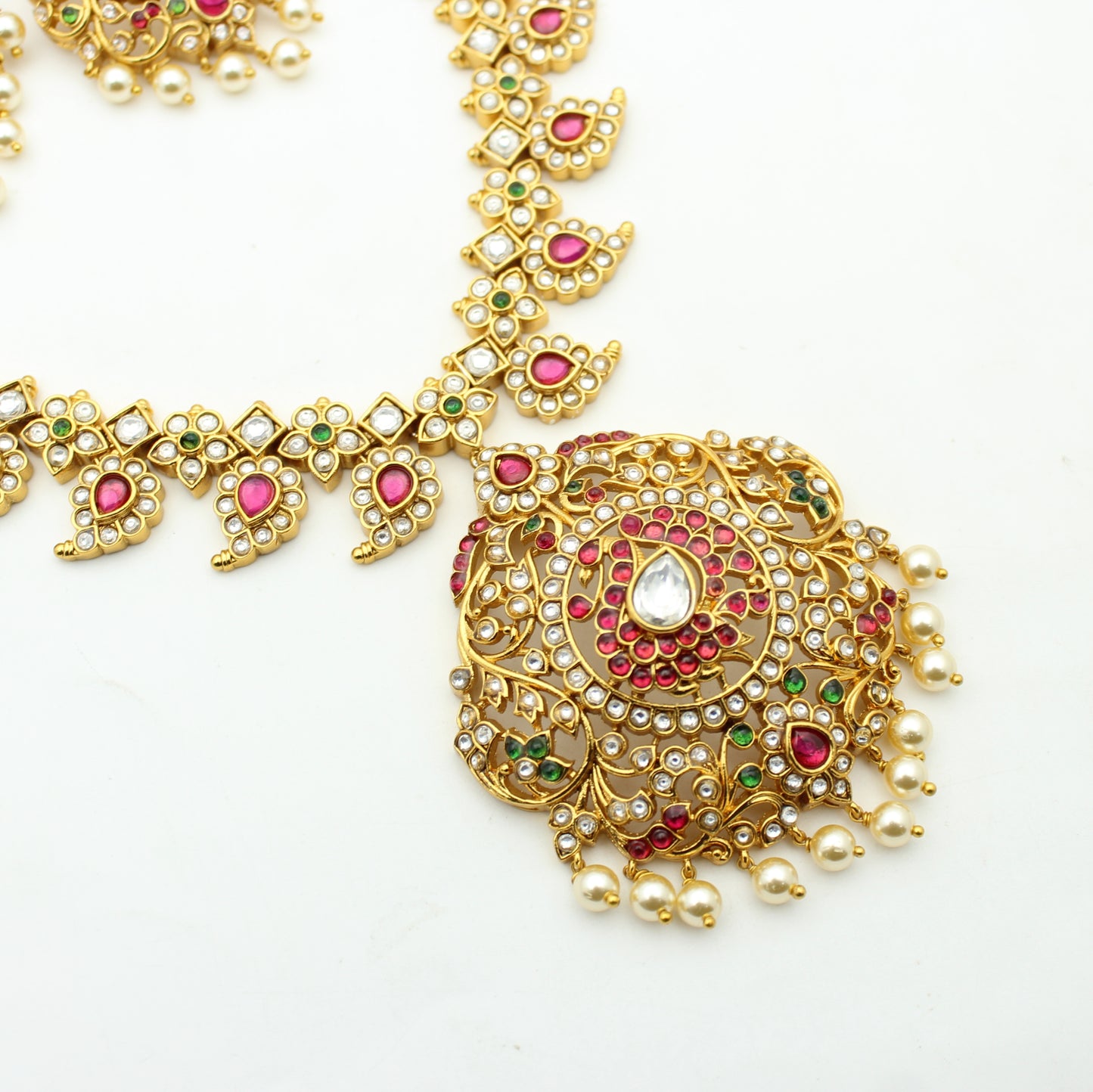 41912 Pota Stone Mango Peacock Short Necklace Set With Screw Back Earrings