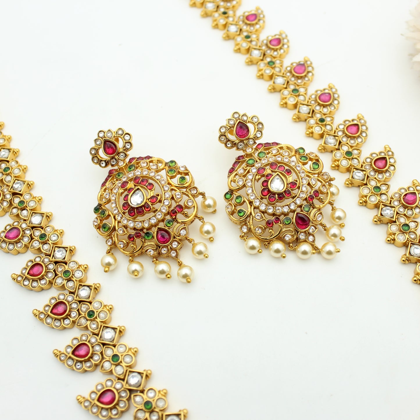 41913 Pota Stone Mango Peacock Long Necklace Set With Screw Back Earrings