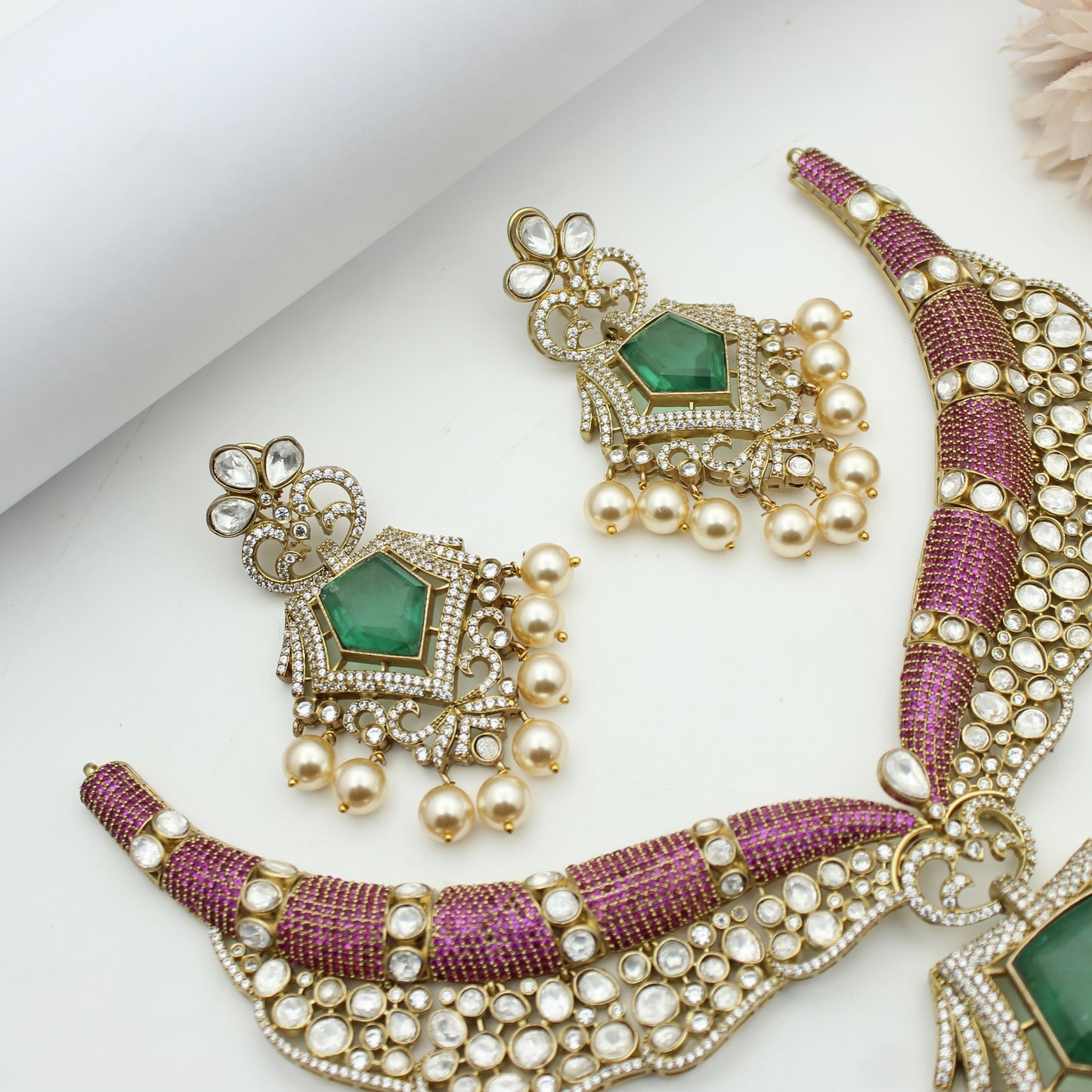 Victorian bridal Moissanite with Swarovski pearls Kante With Push Back Earrings