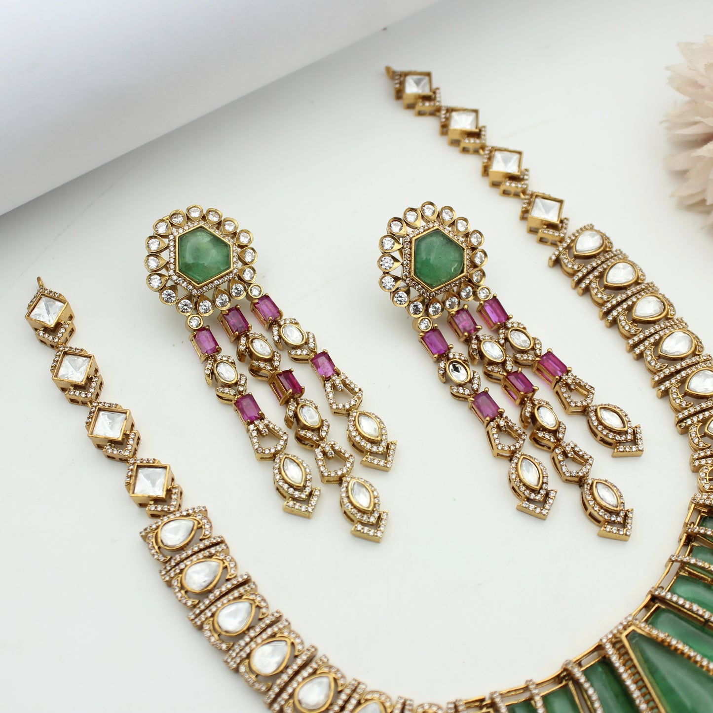 Victorian Multi Moissanite Long Necklace With Push Back Earrings
