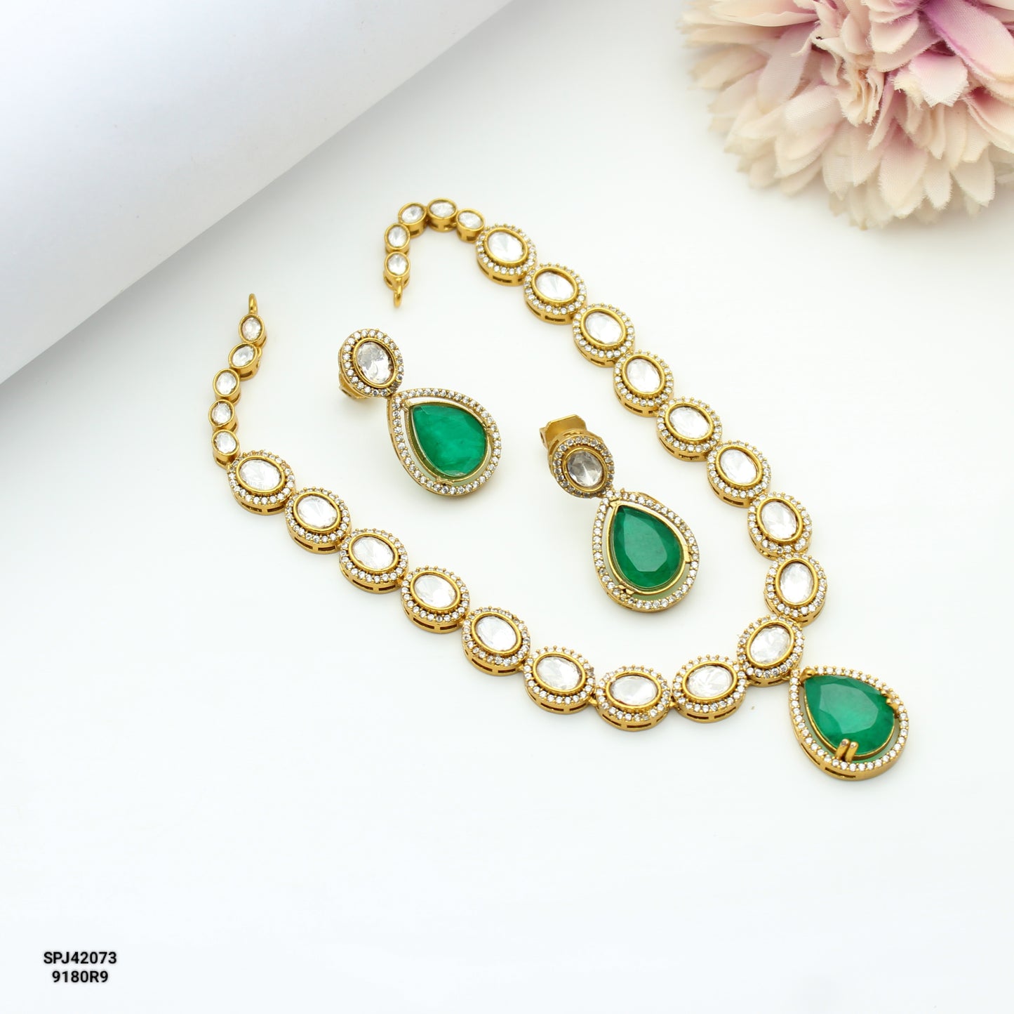Victorian Moissanite Green Stone Short Necklace With Screw Back Earrings