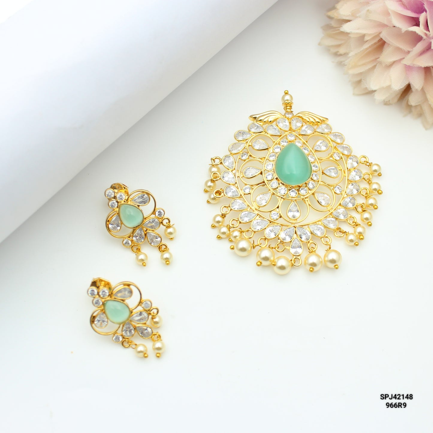 Uncut Stone Mint Green Pendant Set With Screw Back Earrings