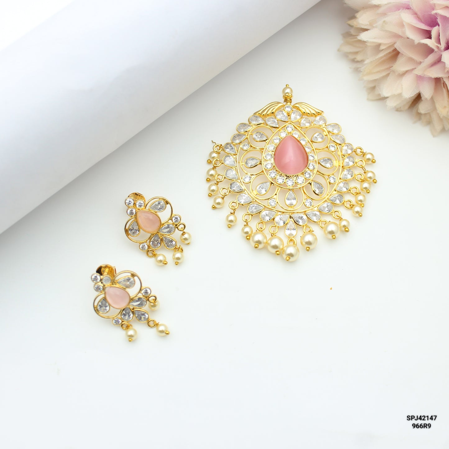 Uncut Stone Baby Pink Pendant Set With Screw Back Earrings