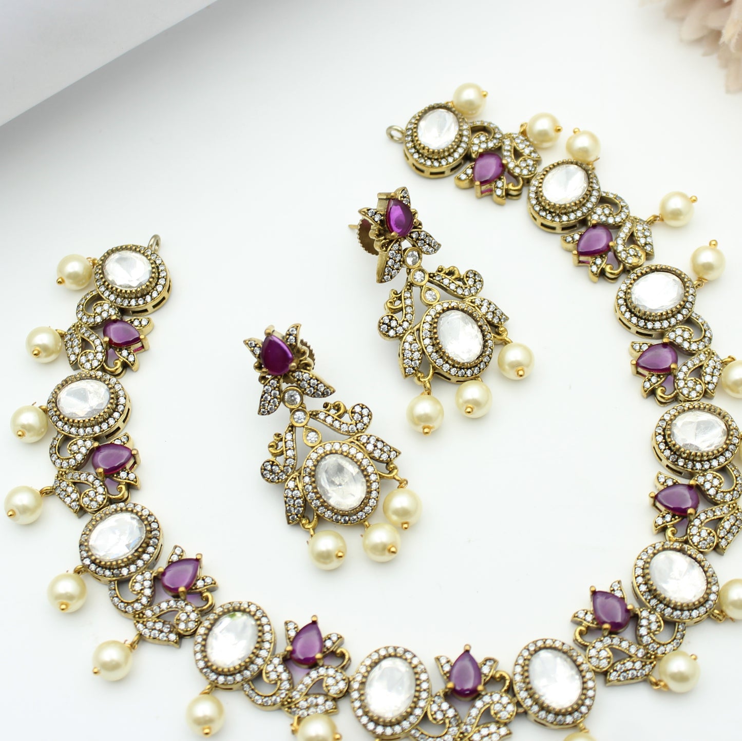 Victorian Mehendi single line short necklace with Ruby and Moissanite stones