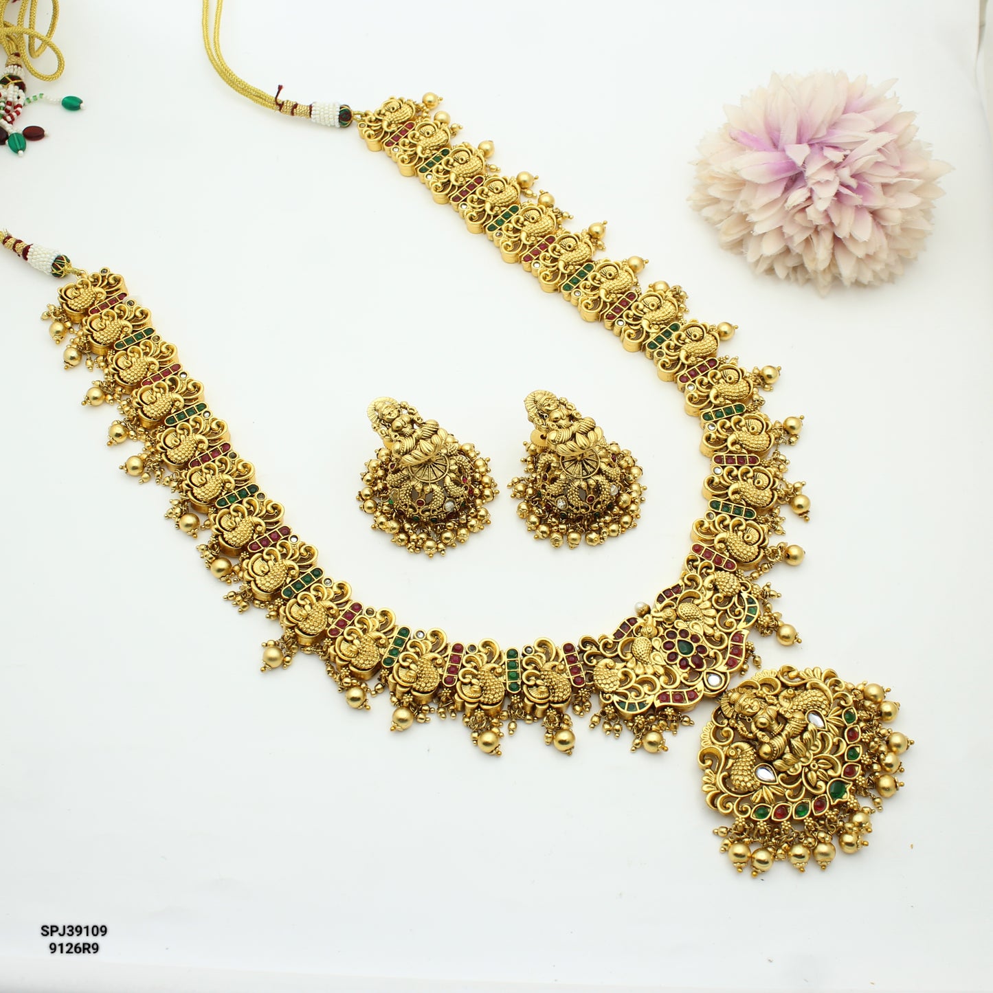 Nakshi Multi Pota Stone Long Golden Balls Necklace With Push Back Earrings