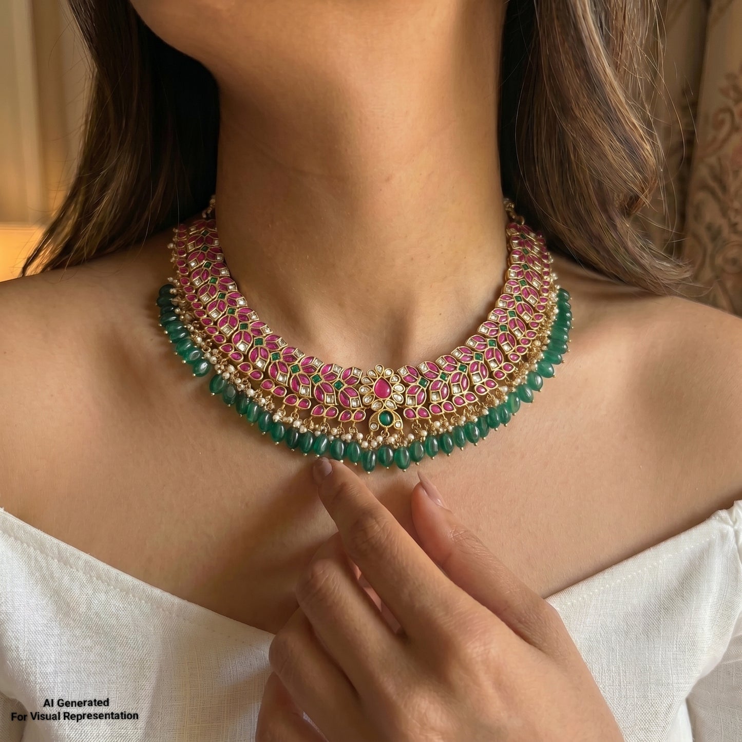 Jadau Kundan Necklace with Emerald Russian Beads SP-40771
