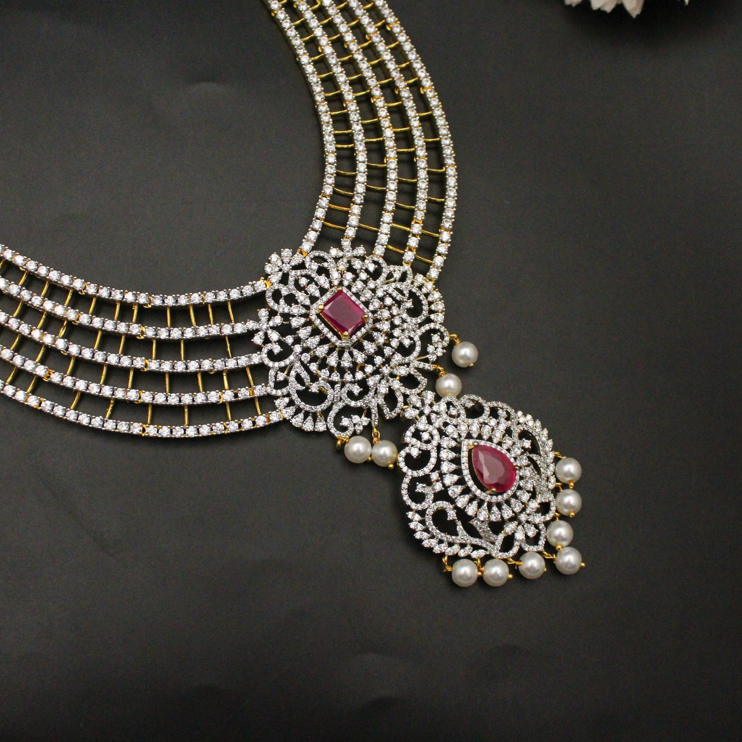42232 GJ 5 Lines Red Necklace Set With Push Back Earrings
