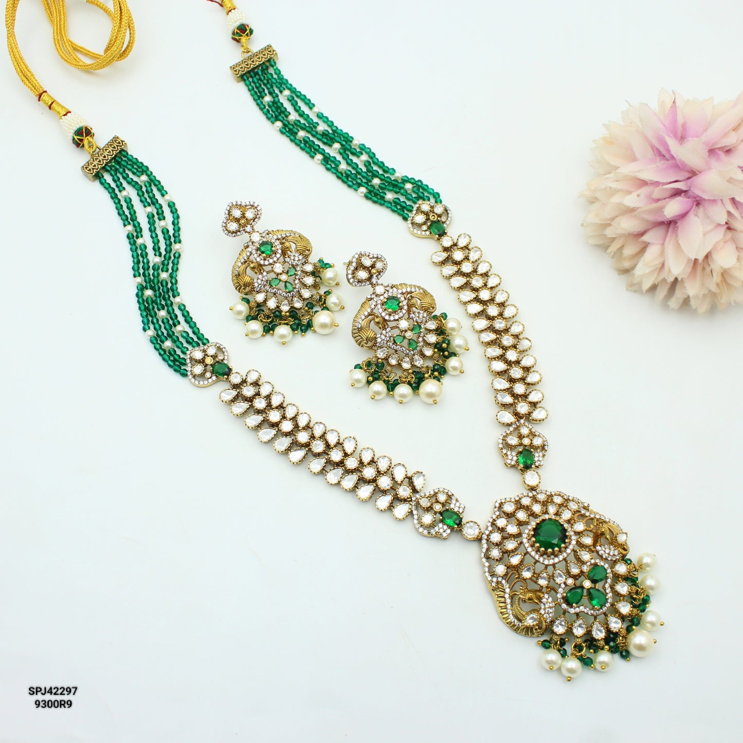 42297 Victorian Emerald Moissanite Long Necklace Set With Push Back Earrings