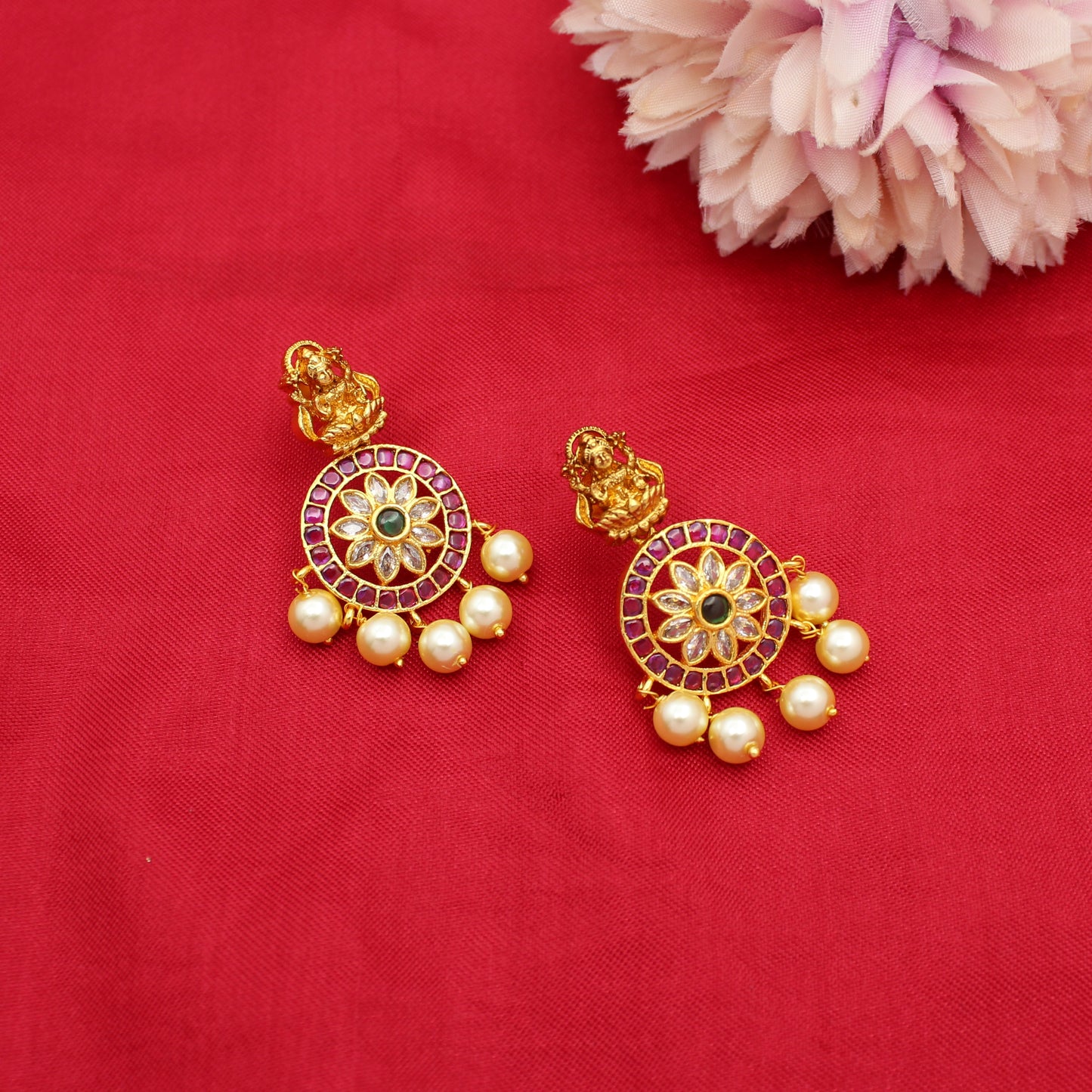 42352 Bottumala Laxmi Long Necklace With White Pearls Screw Back Earrings