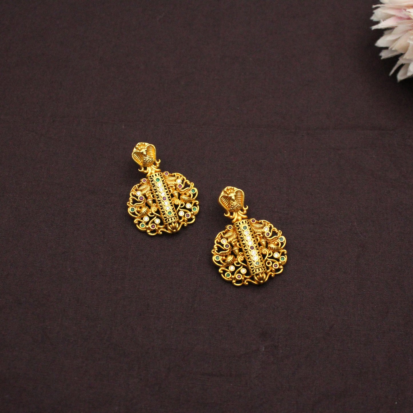 42365 Nakshi Kasula Mala Long Necklace Set With Screw Back Earrings