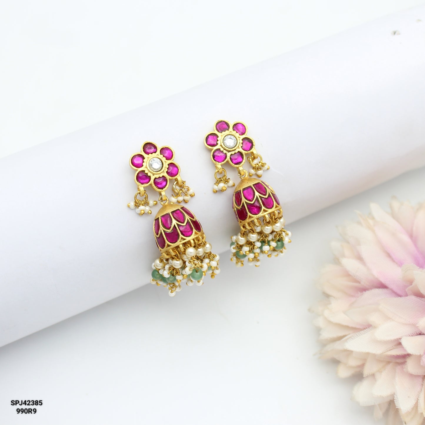 42385 Jadau Floral Jhumki Screw Back