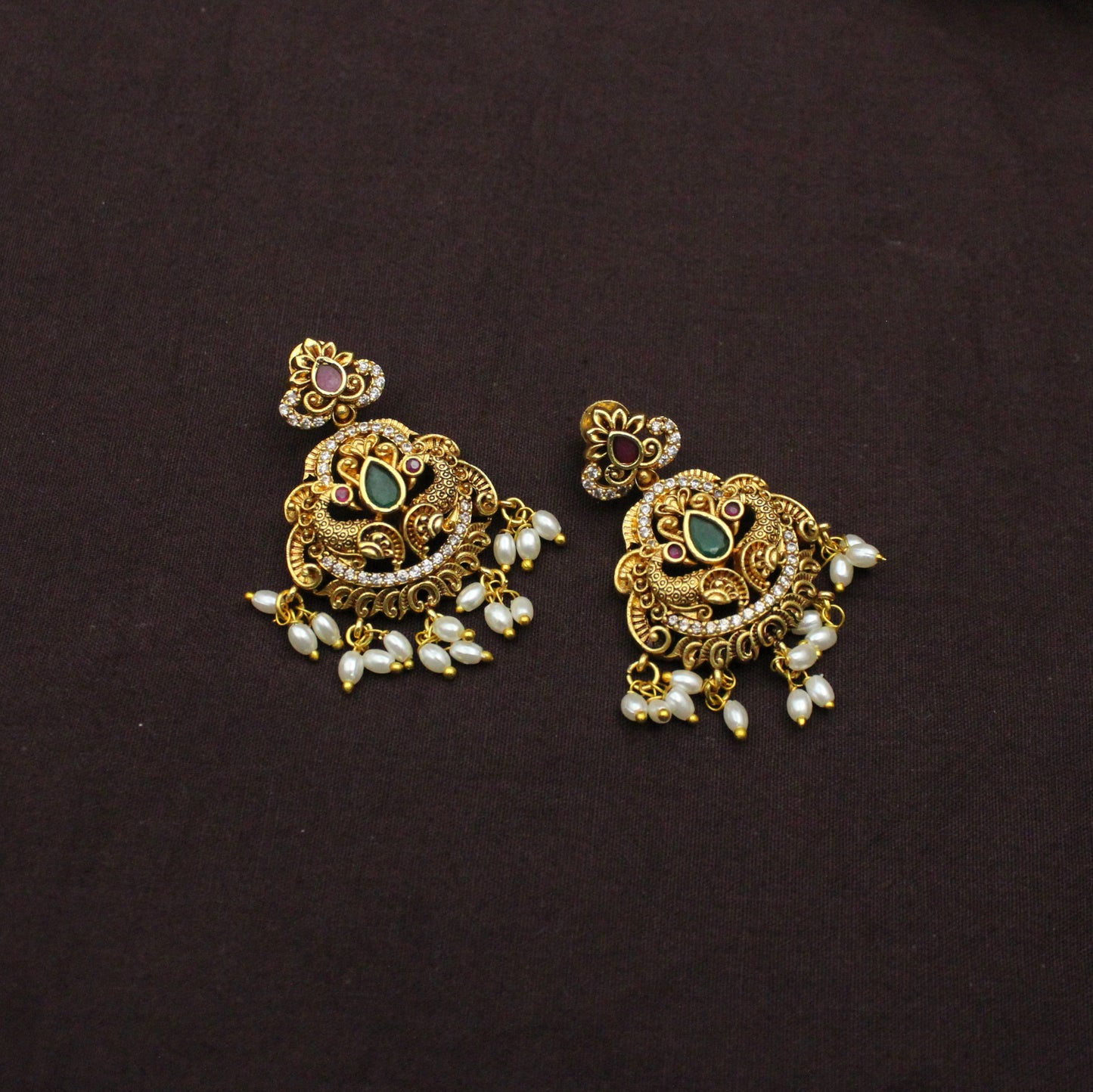 42371 Nakshi Peacock Guttapusalu Short Necklace Set With Screw Back Earrings
