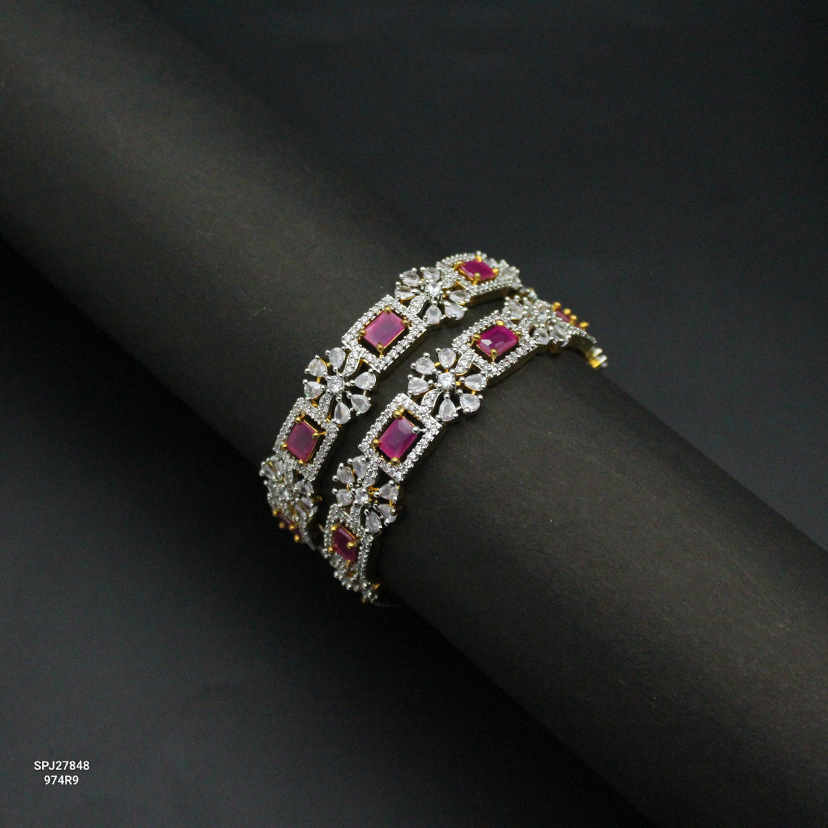 27848 Diamond Look Ruby Square Stone Floral Bangles 2'6