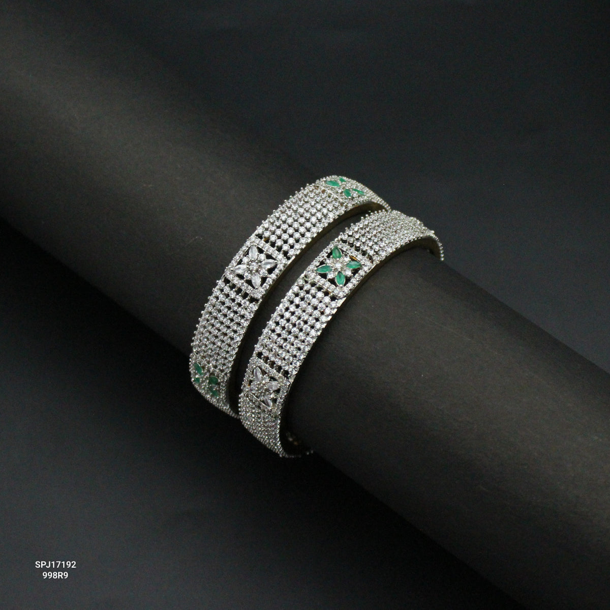 17192 GJ Floral Bangles Green And White Stones 2'8