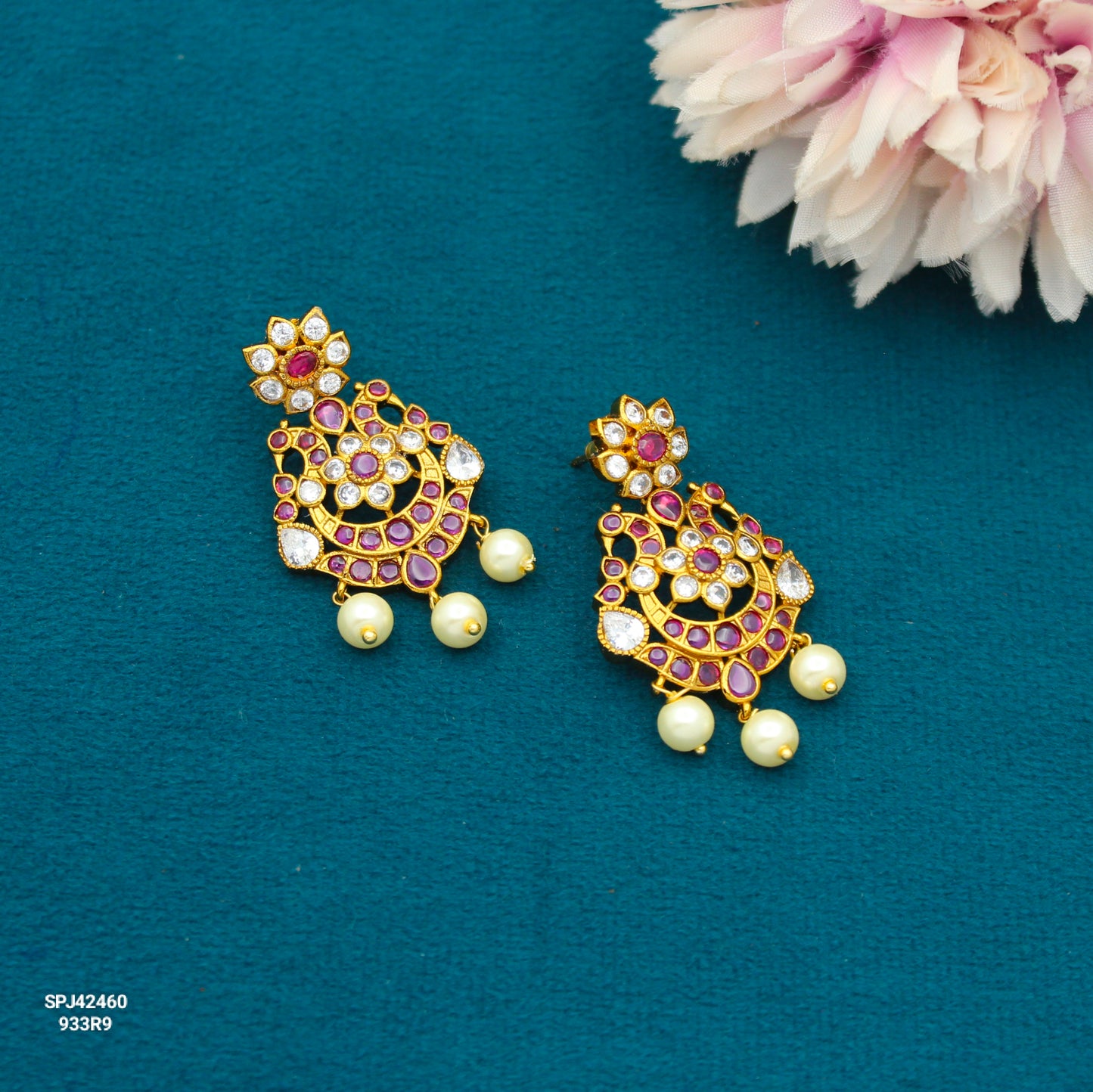 42460 Peacock Pota Stone Red Chandbali