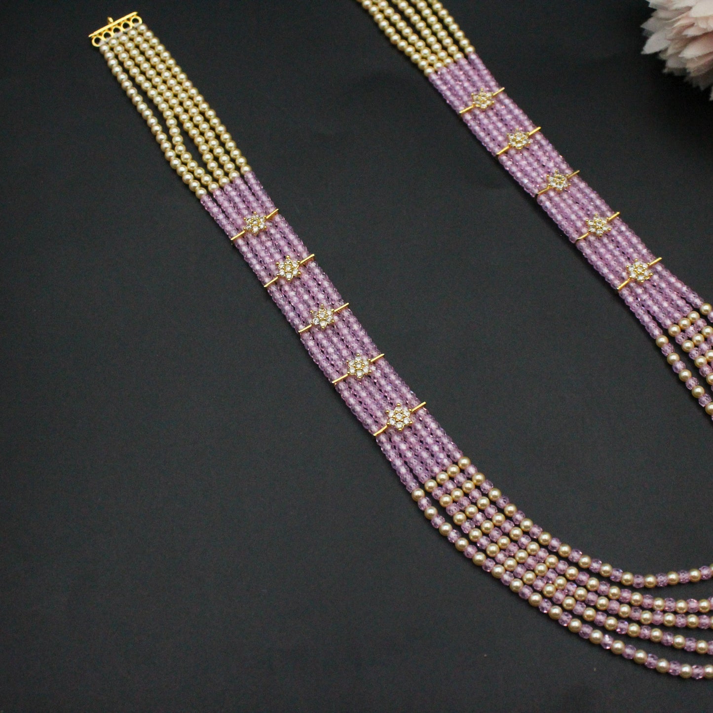 42473 5 Lines Swarovski Pearls & Sugar Beads Mala Rani Pink