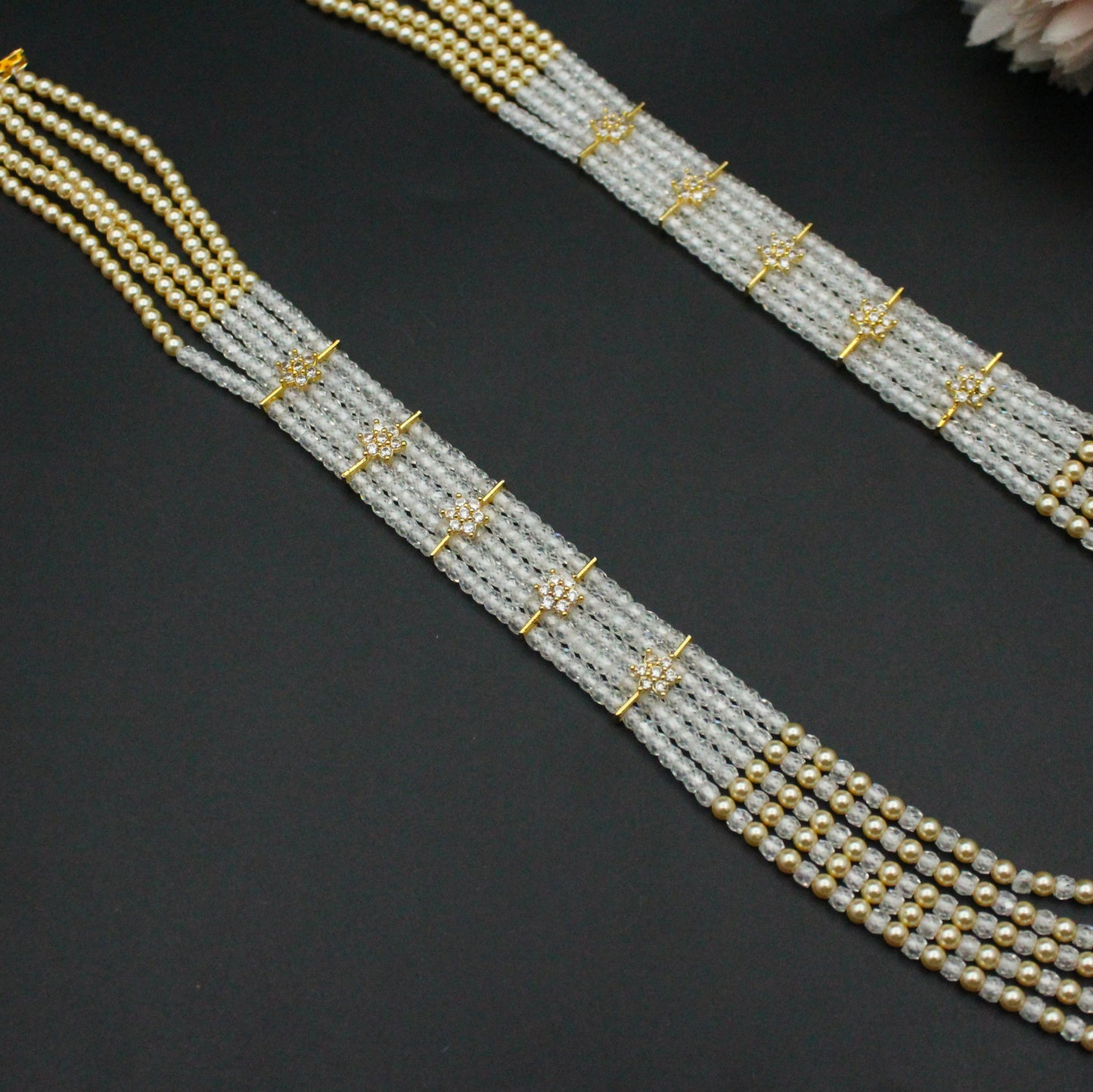 42474 5 Lines Swarovski Pearls & Sugar Beads Mala White
