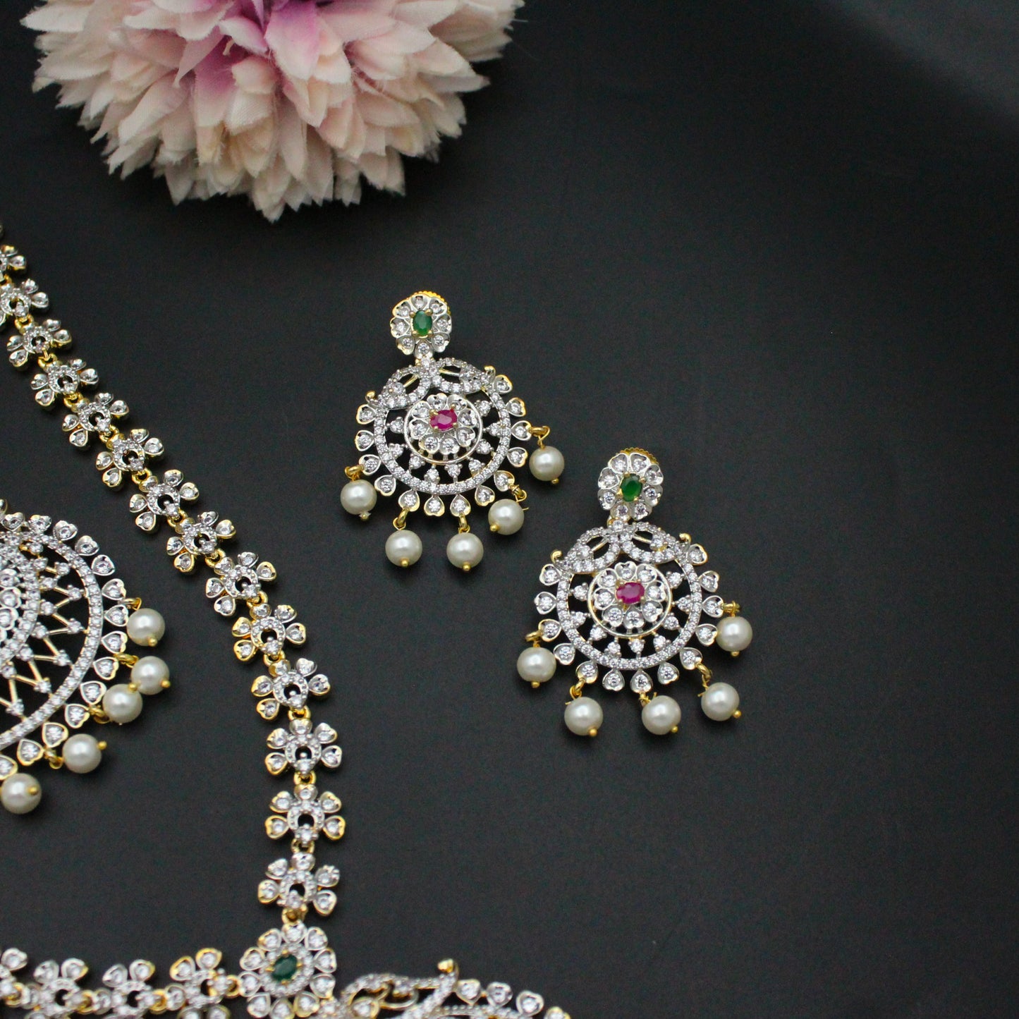 27999 Diamond Look Combo Necklace Set Red With Push Back Earrings
