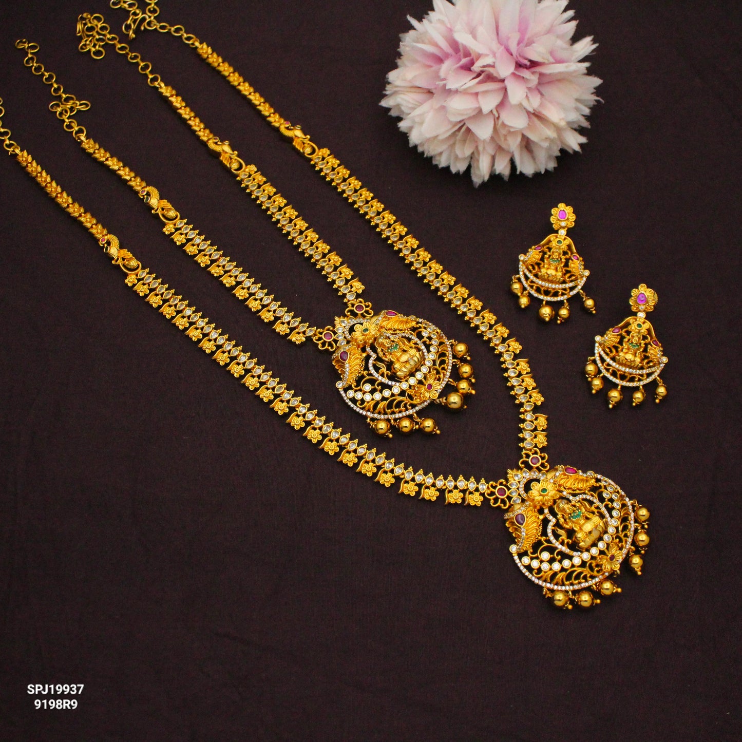 19937 Laxmi Golden Balls Combo Necklace Set With Push Back Earrings