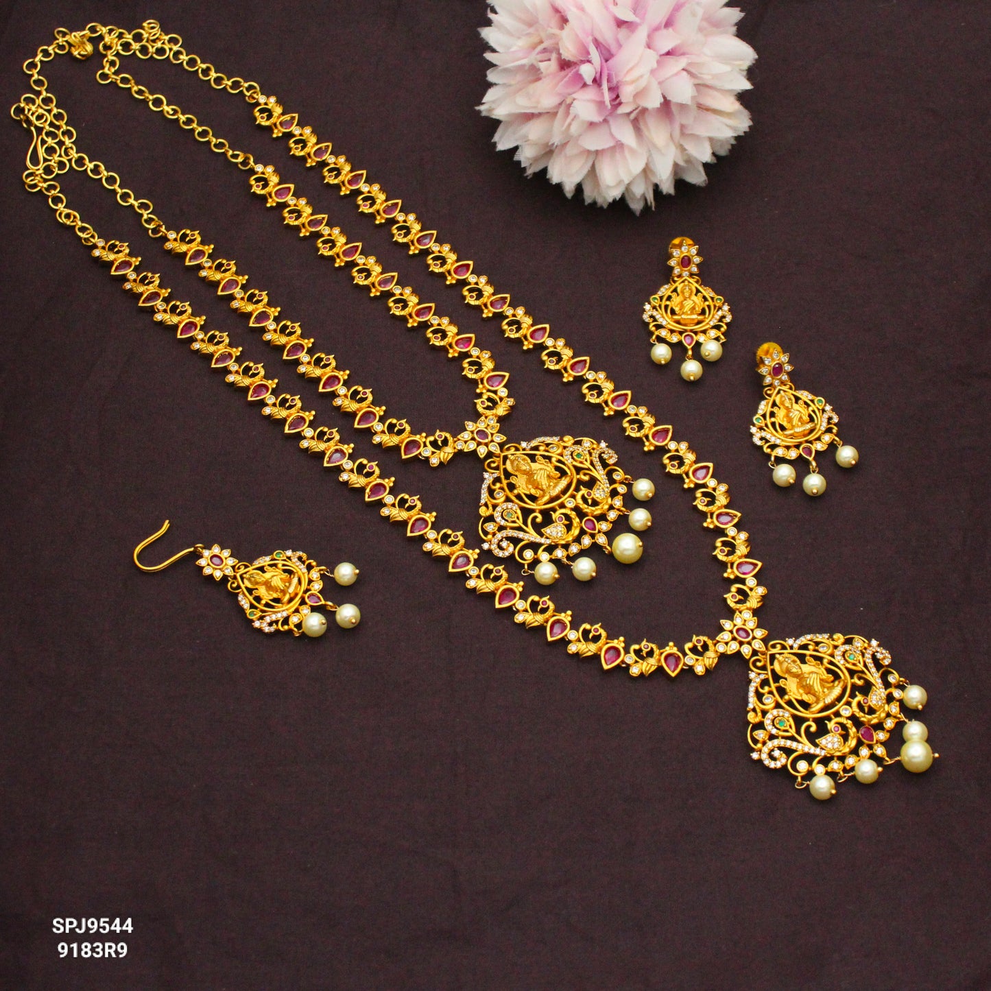 9544 Laxmi Ruby Combo Necklace Set With Maangtikka