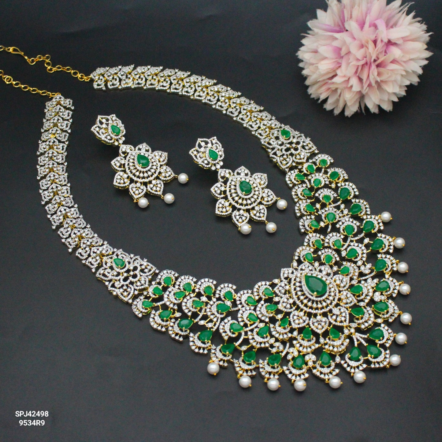 42498 GJ Broad Bridal Long Necklace Set Green