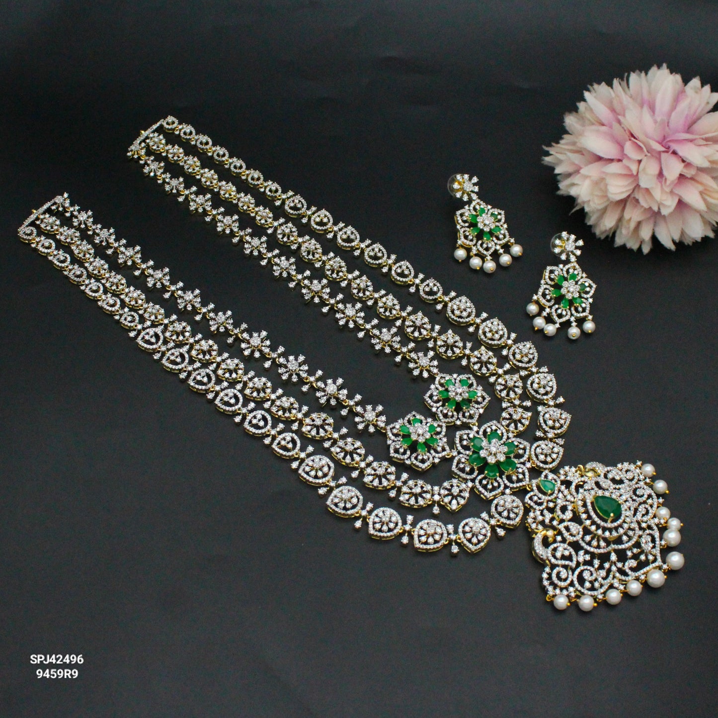 42496 Diamond Look Green Floral Pattern Long Necklace Set