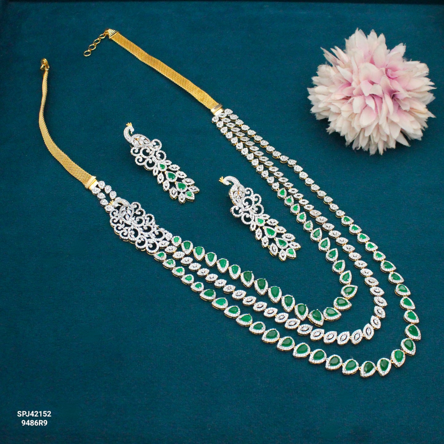 42152 Peacock Fancy 3 Layers Necklace Set With Push Back Earrings