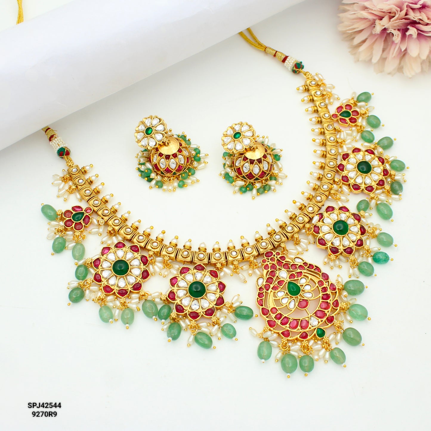 Guttapusalu Broad Short Necklace Set With Russian Beads and Push Back Earrings 42544
