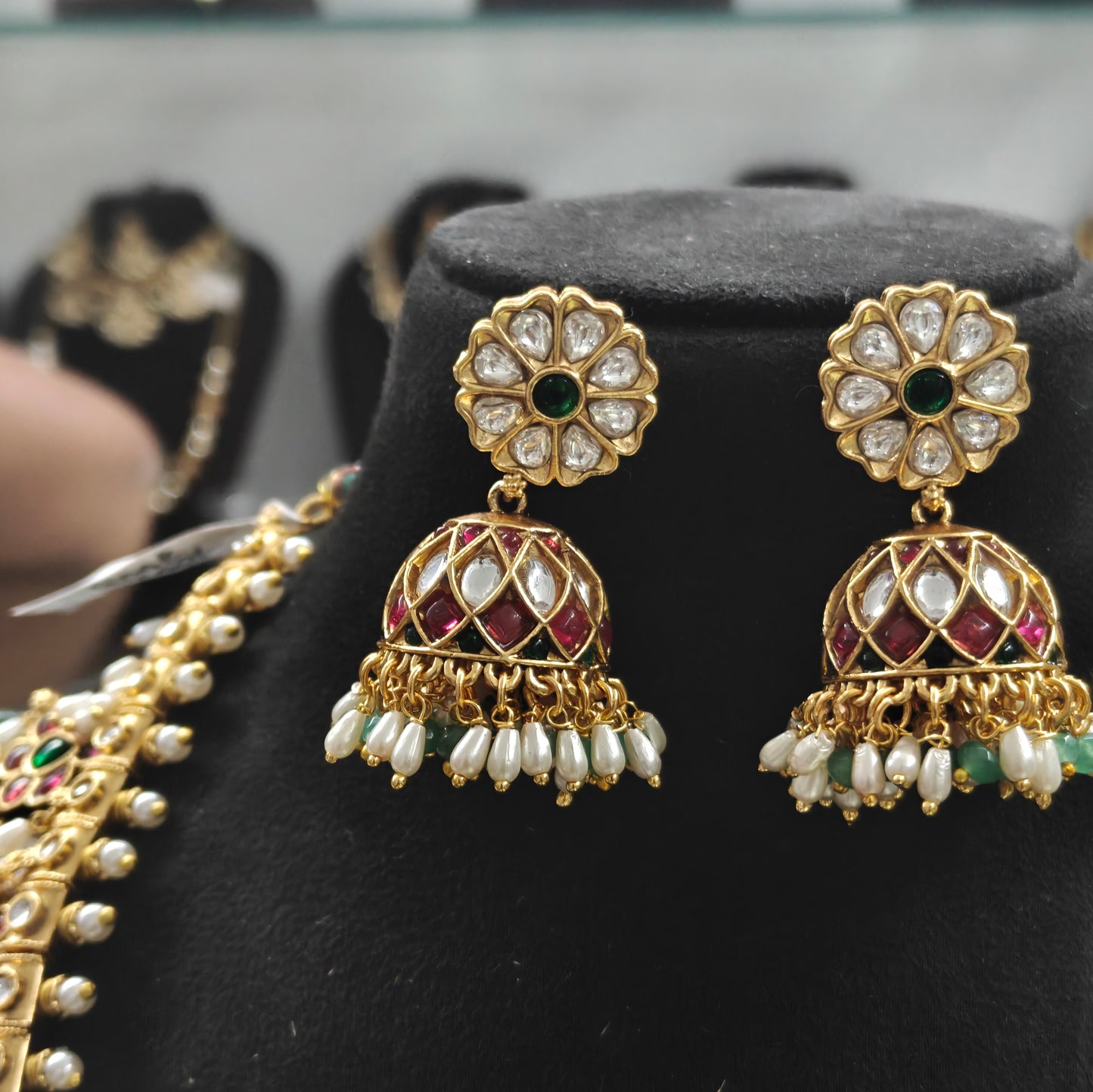 Guttapusalu Long Necklace with Green Beads & Jhumki – 42543