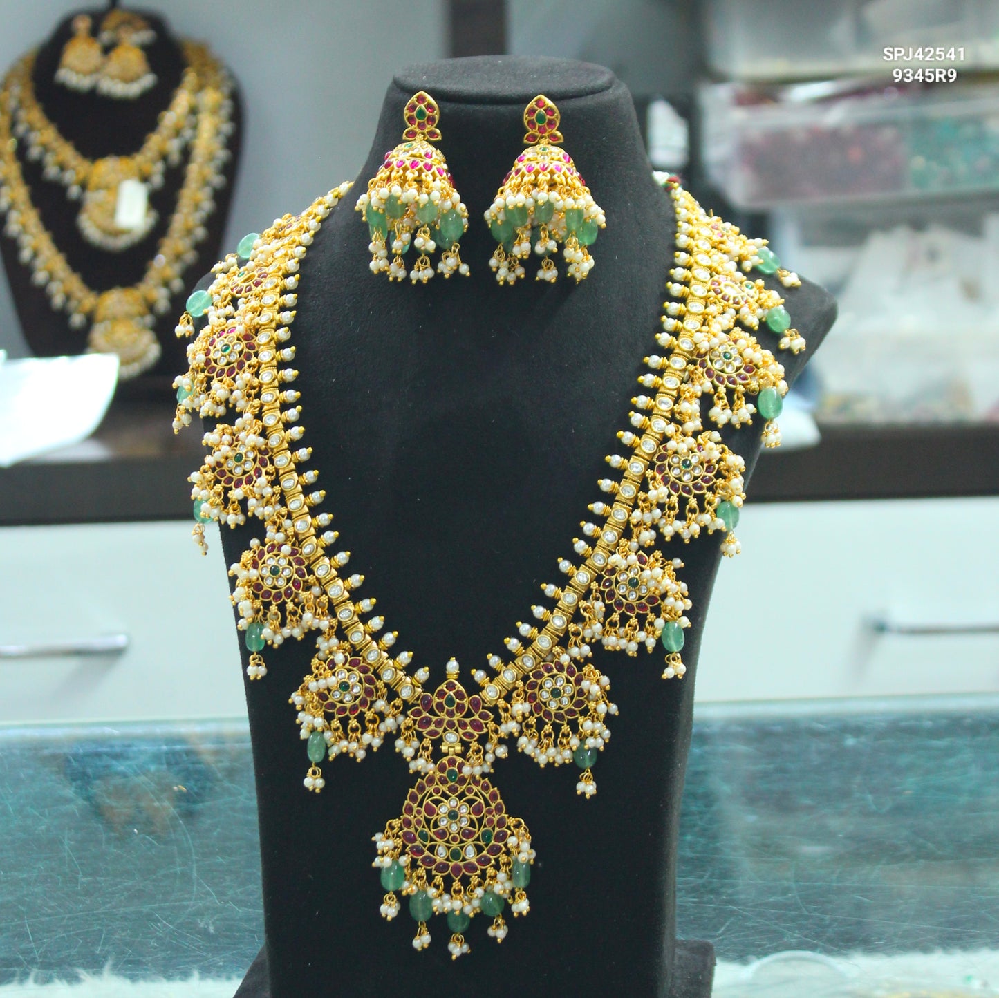 Pota Stone Multi Guttapusalu Long Necklace Set with Push-Back Earrings – 42541