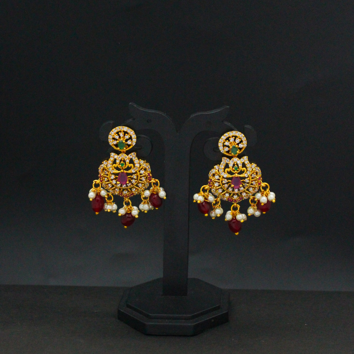 42567 Chandbali Earrings Red Beads With Push Back