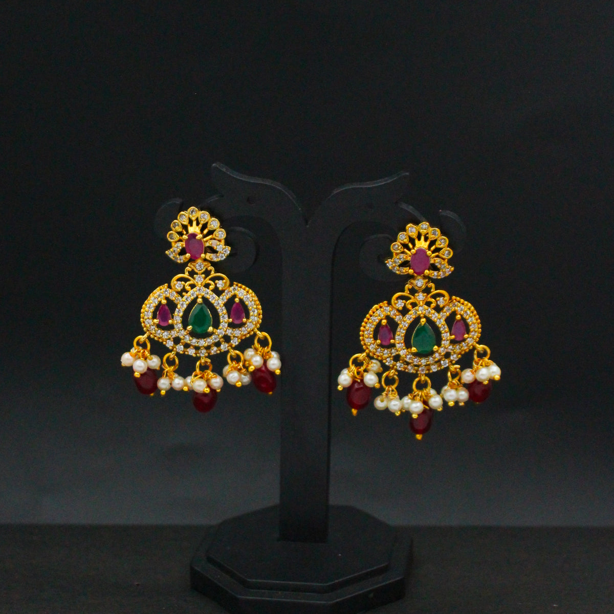 42568 CZ Multi Stone Chandbali Earrings Red Beads With Push Back