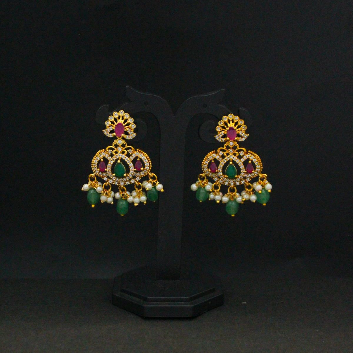 42569 Multi Stone Chandbali Earrings With Green Beads Push Back