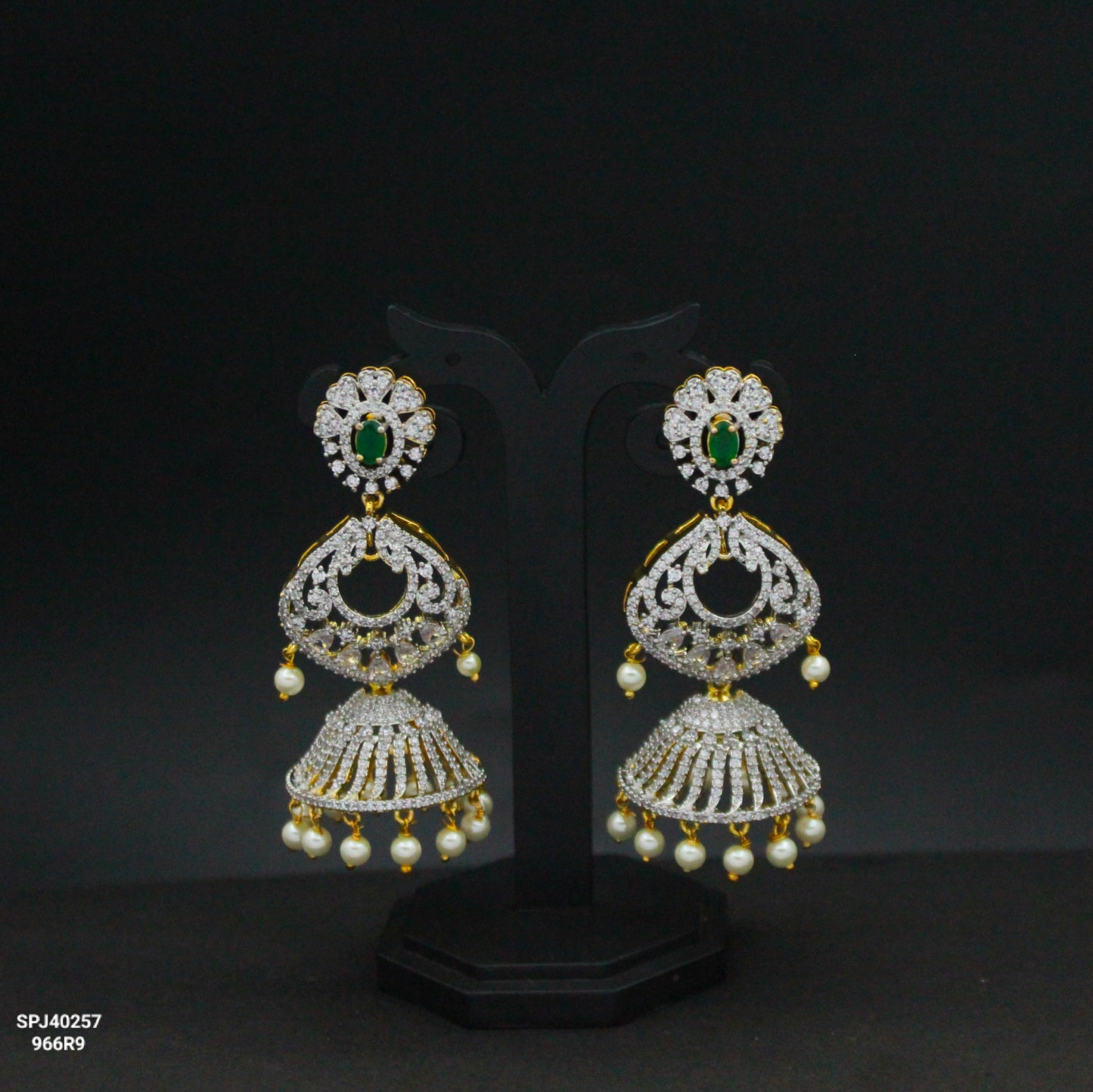 Green Stone 3-Step Chandbali Earrings SP-40257