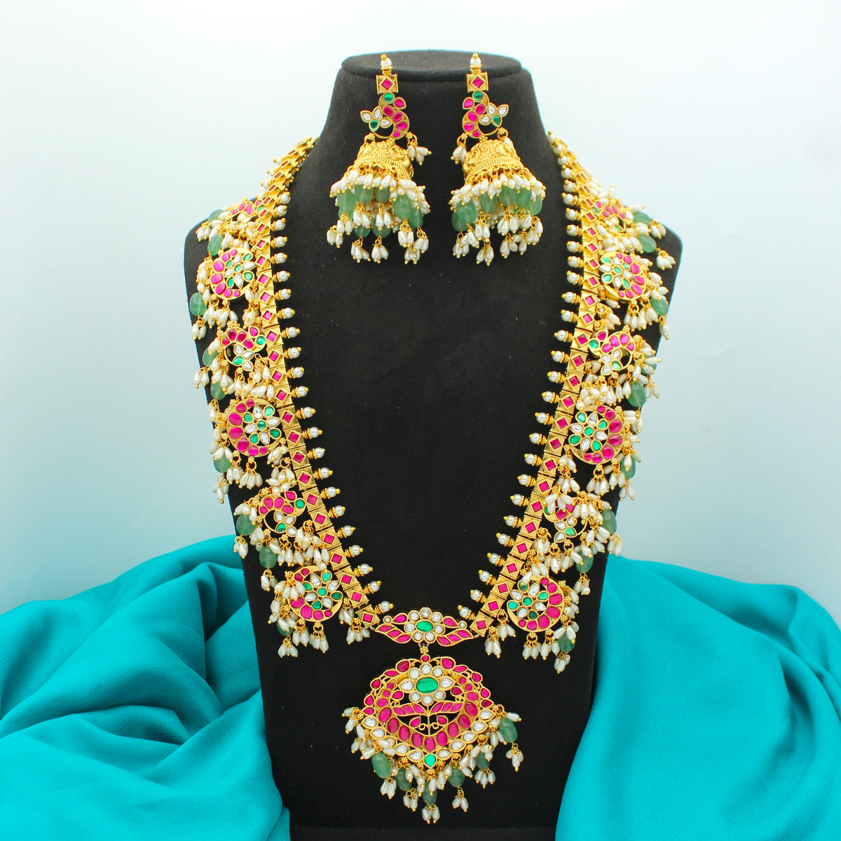 Jadau Peacock Guttapusalu Long Necklace Set – 42573