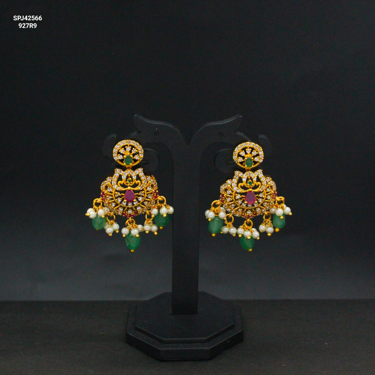 42566 CZ Multi Stone Chandbali Earrings With Green Beads Push Back