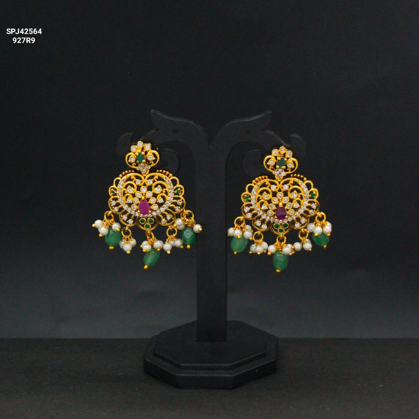 42564 Chandbali Earrings Multi Green Beads Push Back