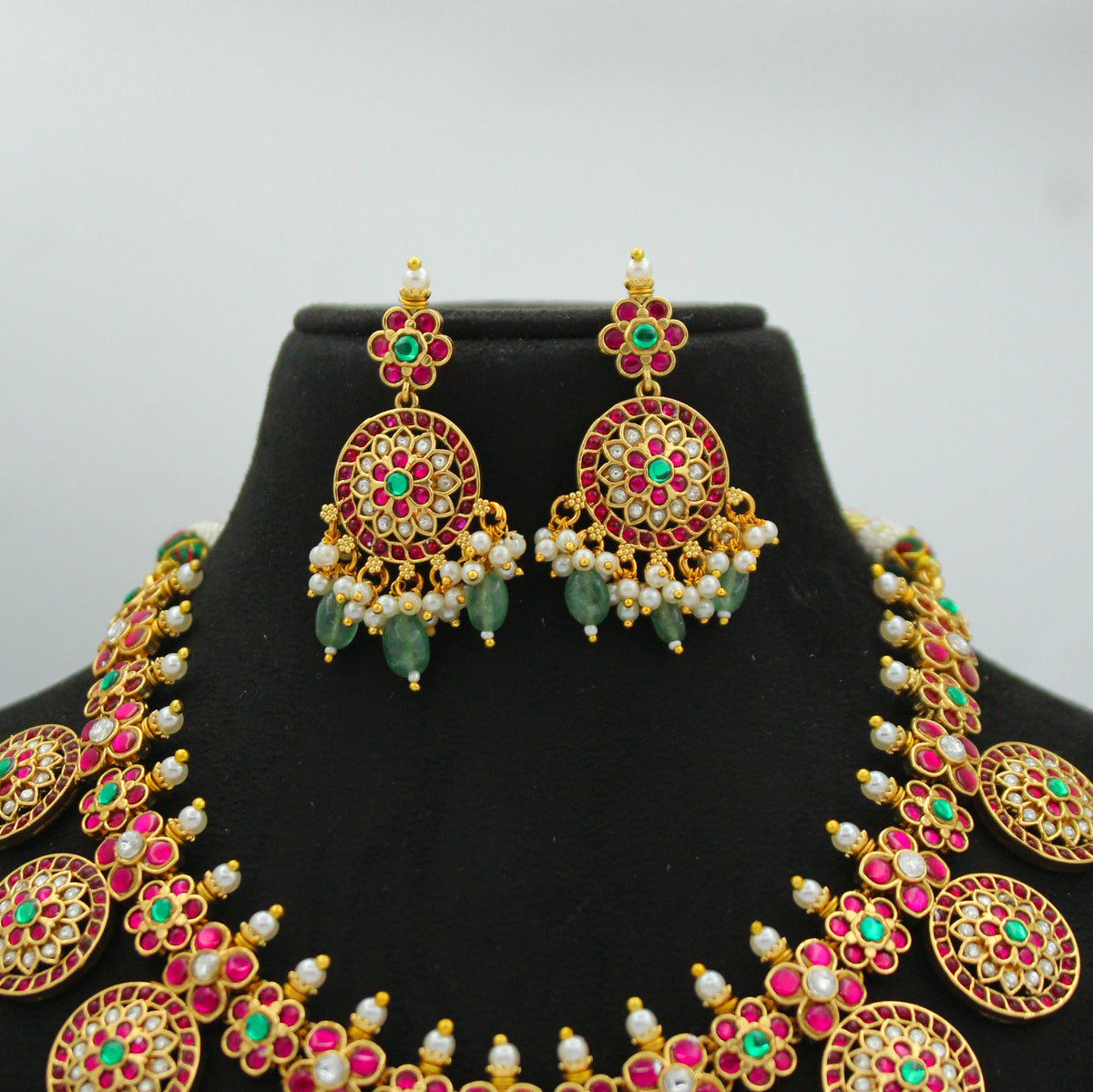Jadau Peacock Short Bottumala Necklace Set with Push Back Earrings – 42634