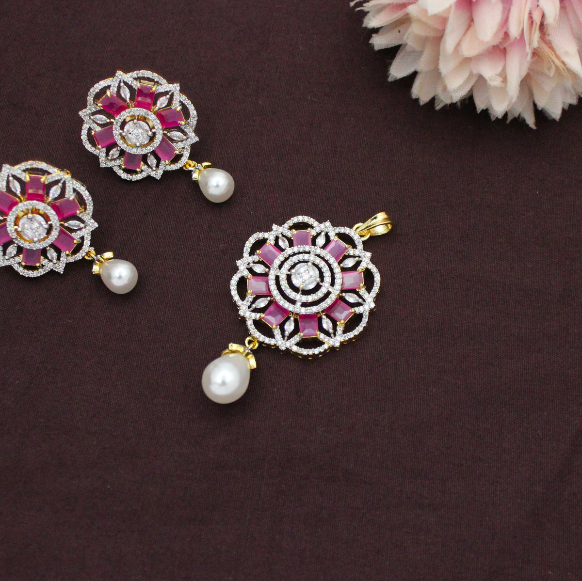 GJ Ruby Pendant Set With Push Back Earrings
