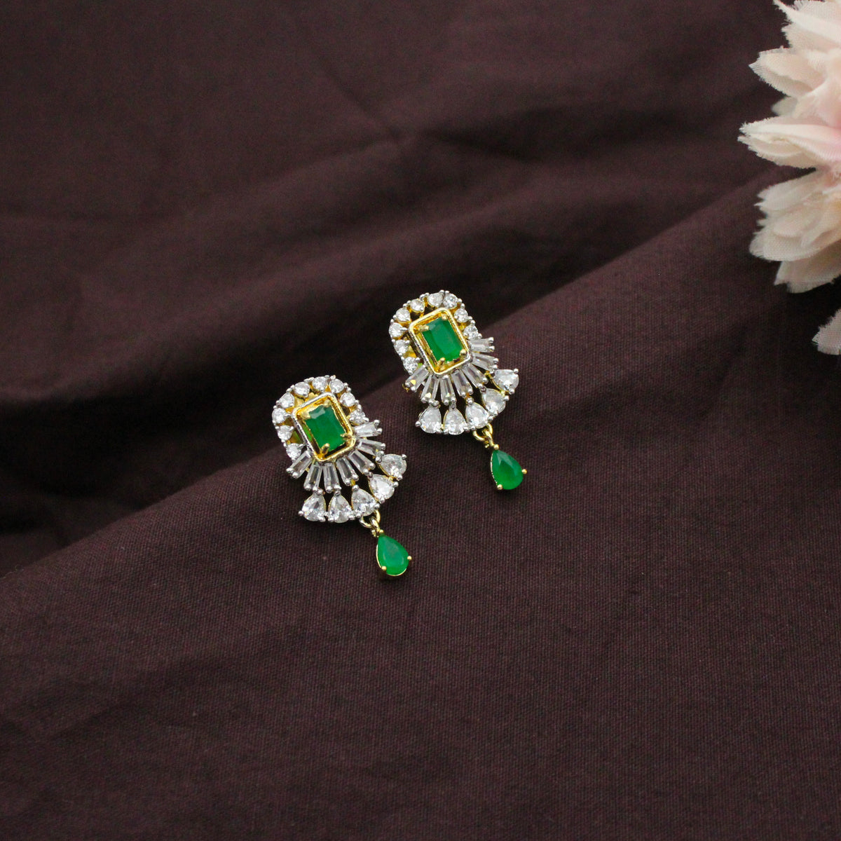 Diamond Look Green Square Stone Pendant Set