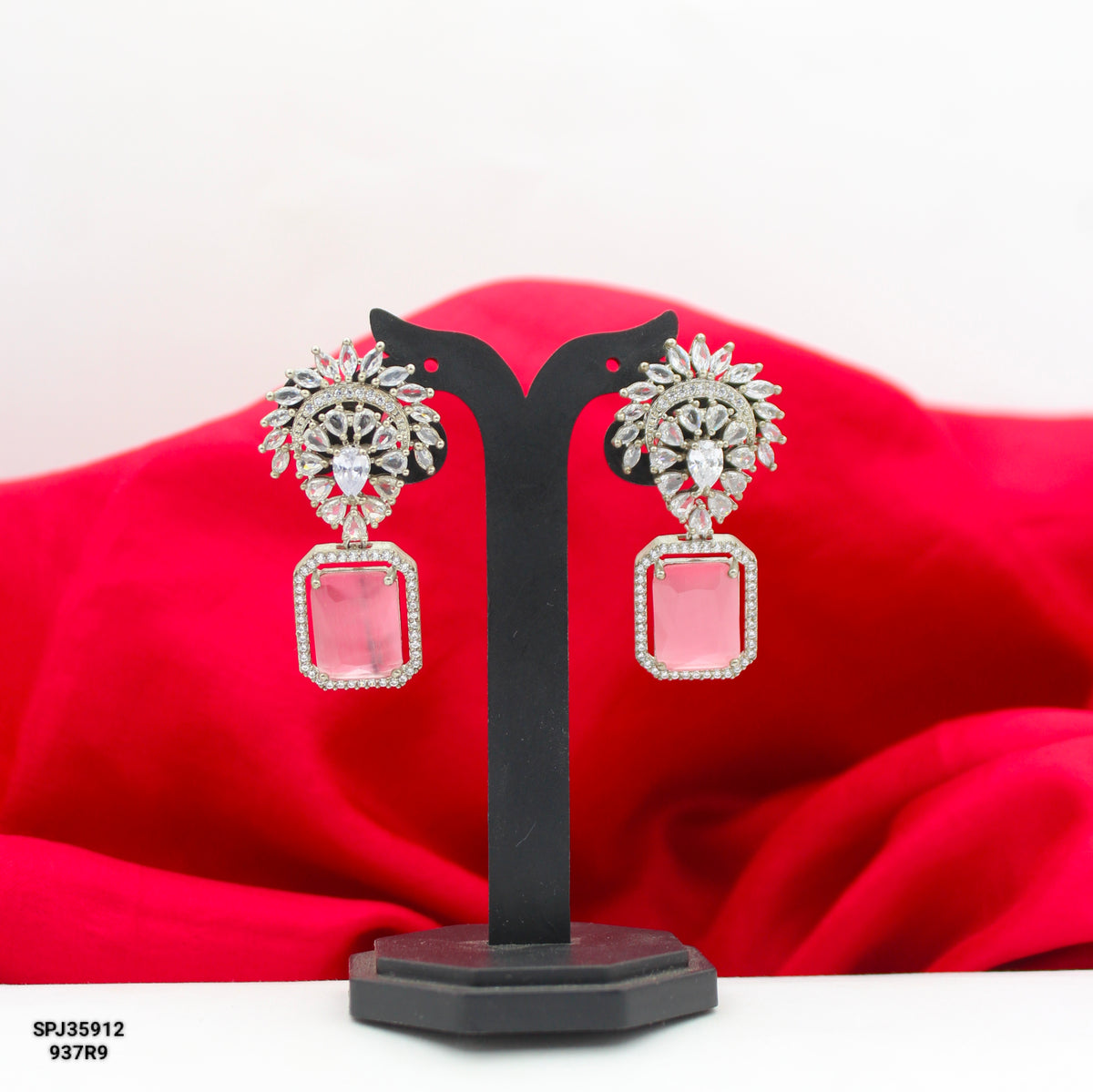 35912 Platinum Mint Pink Square Earrings