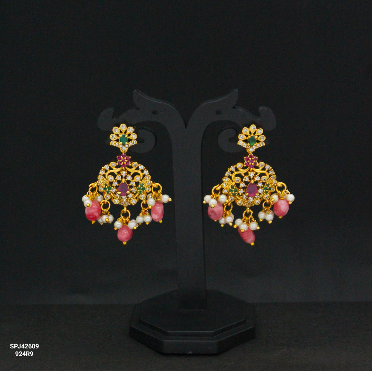 42609 CZ Multi Stone Chandbali With Pink Beads