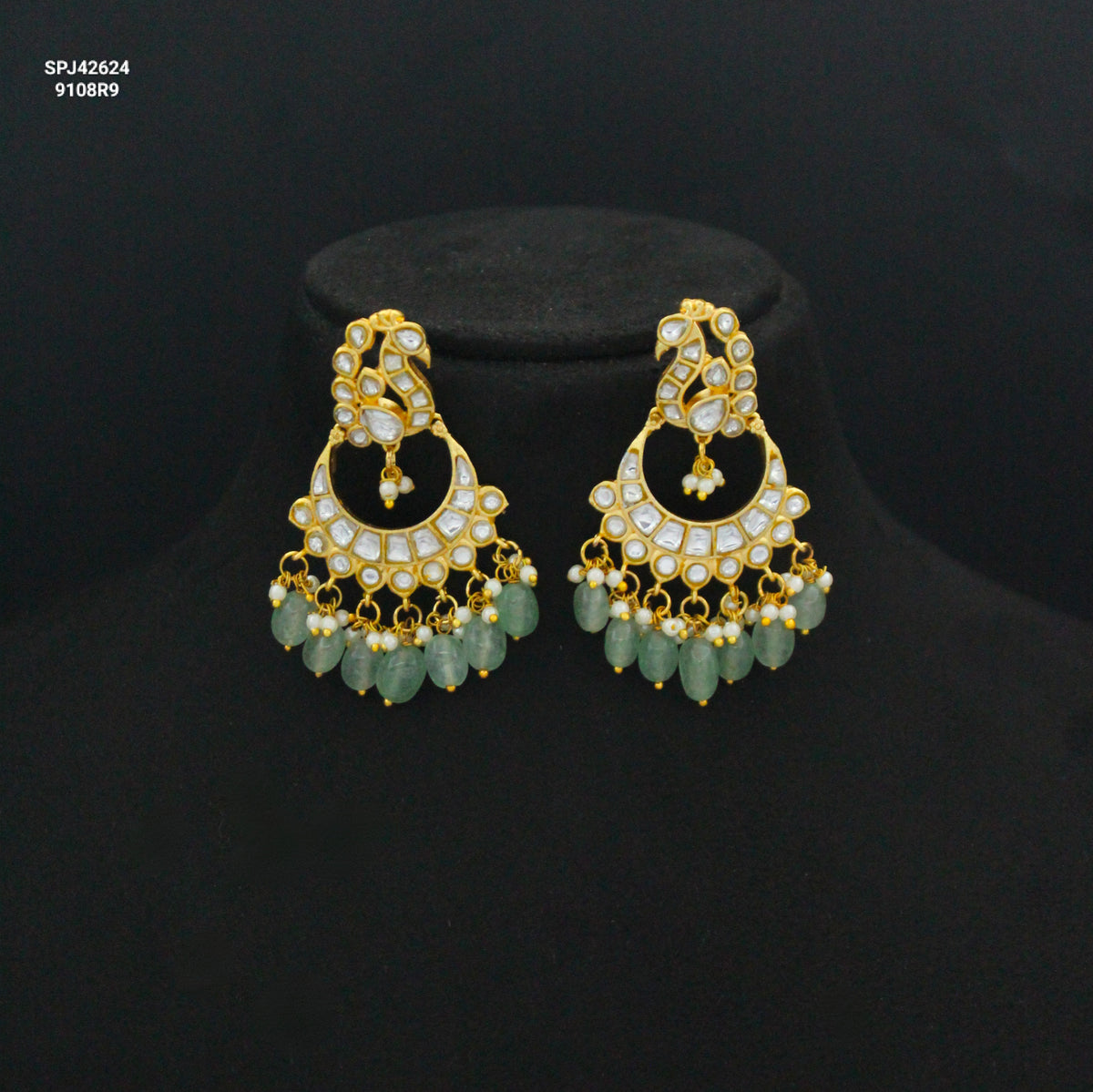 Jadau Kundan Full White Peacock Chandbali Screw Back 42624
