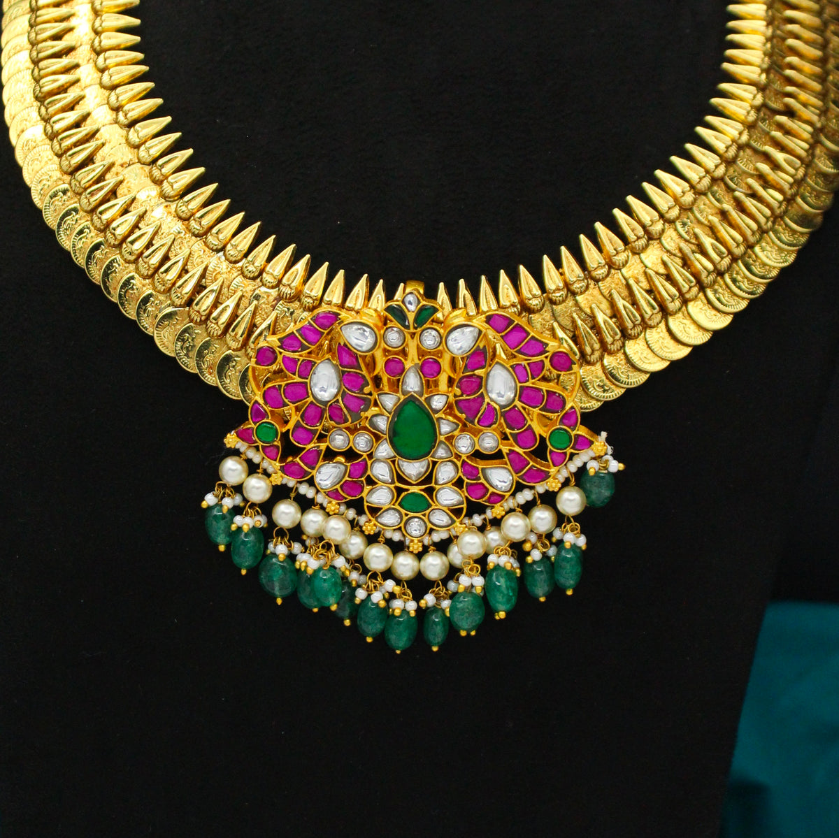 Traditional Nakshi Laxmi Kasulu Short With Multi Stone Jadau Locket Green Beads
