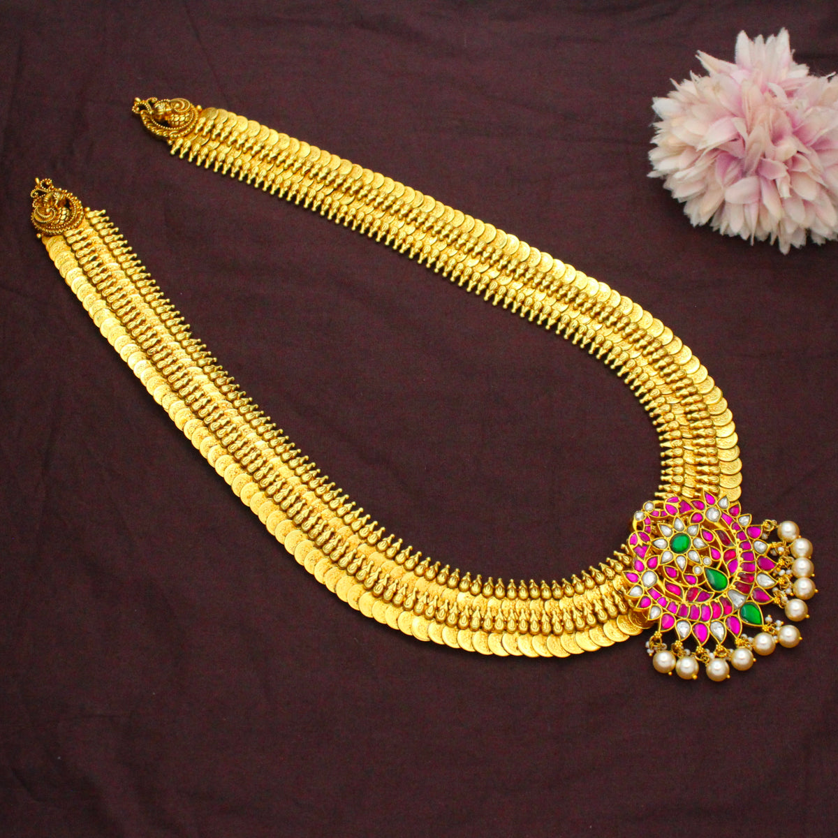 Traditional Nakshi Laxmi Long Kasulu Necklace With Multi Stone Jadau Peacock detachable Locket