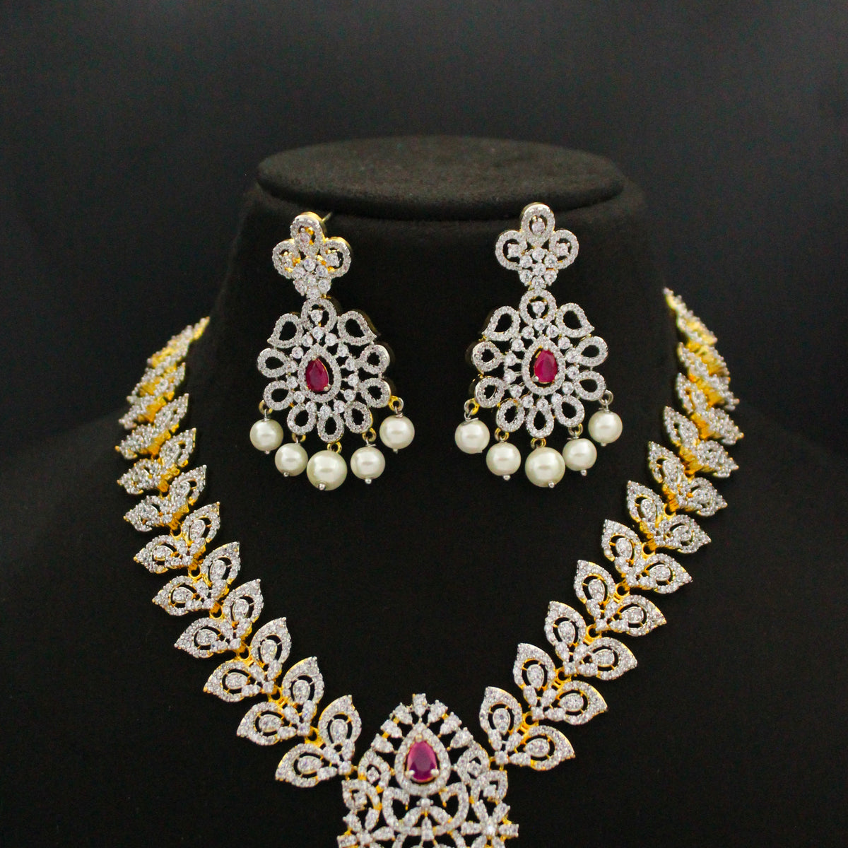 Diamond Look Ruby Stone Short Necklace Set SP-38504