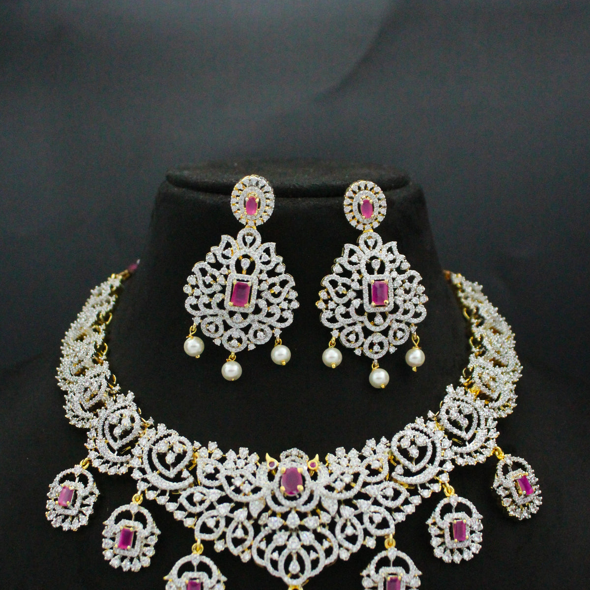 42511 GJ Short Ruby Detachable Locket Necklace Set With Screw Back Earrings