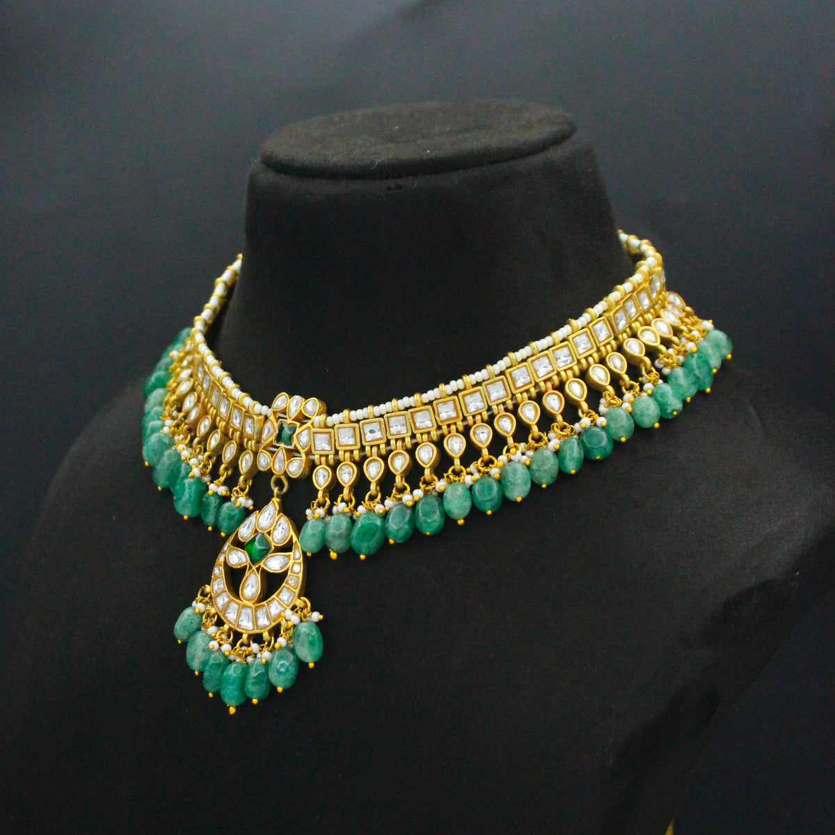 Premium Jadau Kundan White & Green Short Flexible Necklace with Green Beads and Stone – 41843